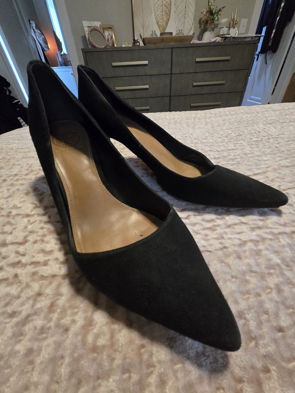 Tory Burch Black Pointed-Toe Suede Pumps
